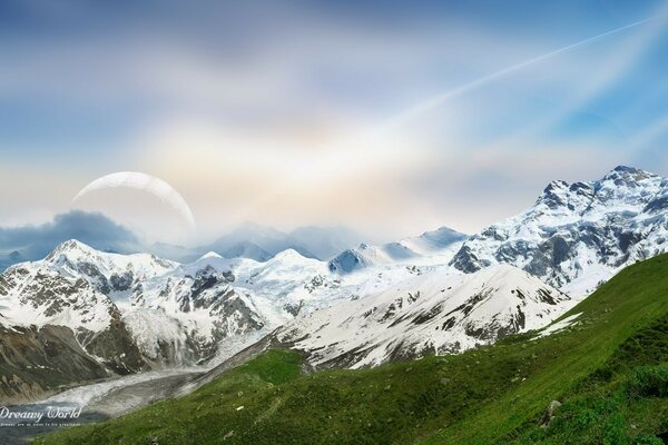 Snow-capped mountains with grass with a beautiful moon