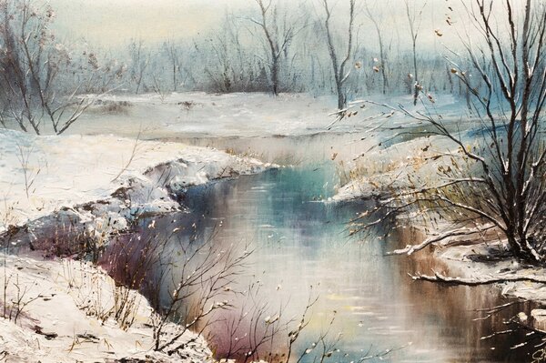 Winter forest with a flowing river