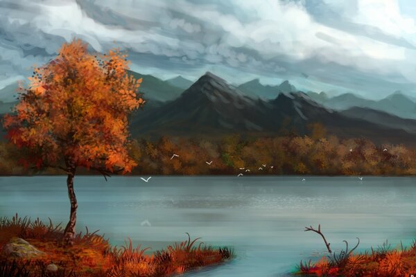 Autumn picturesque landscape on the background of mountains