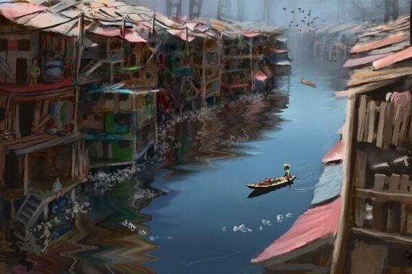 Floating boat in the river on the background of colorful houses