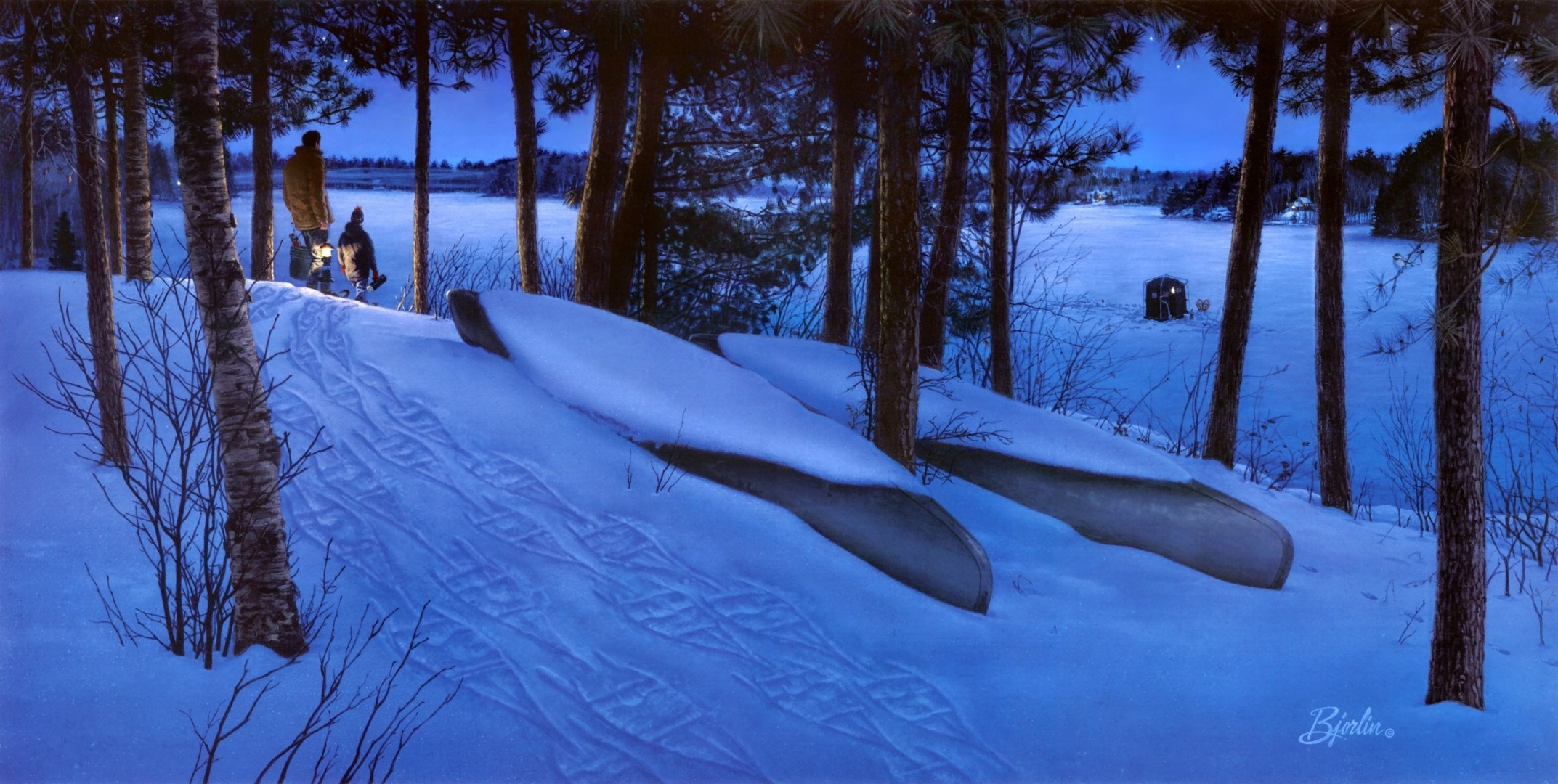 pattern fishermen lake light forest night late snow boat winter