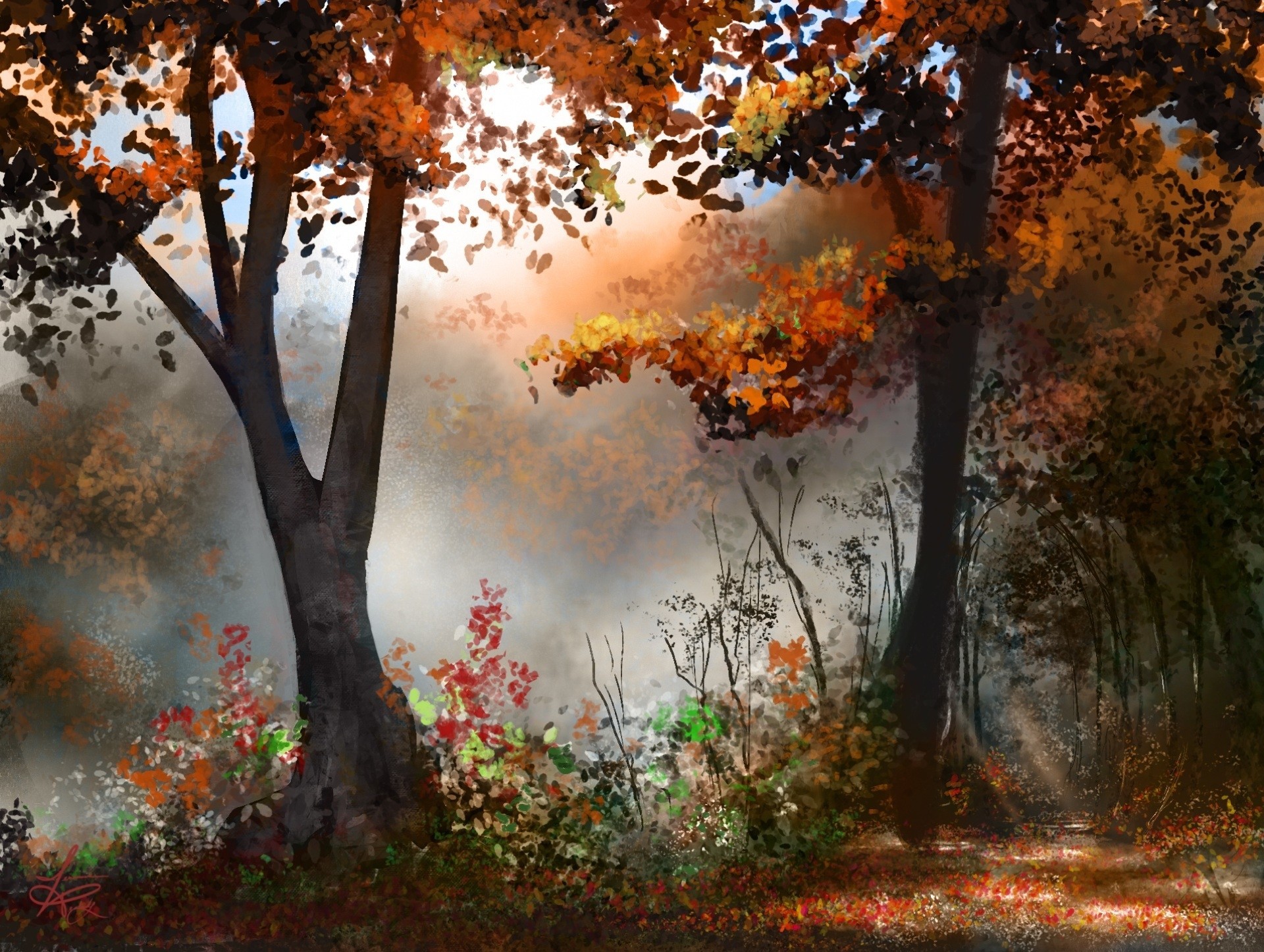 autumn art forest painted landscape tree