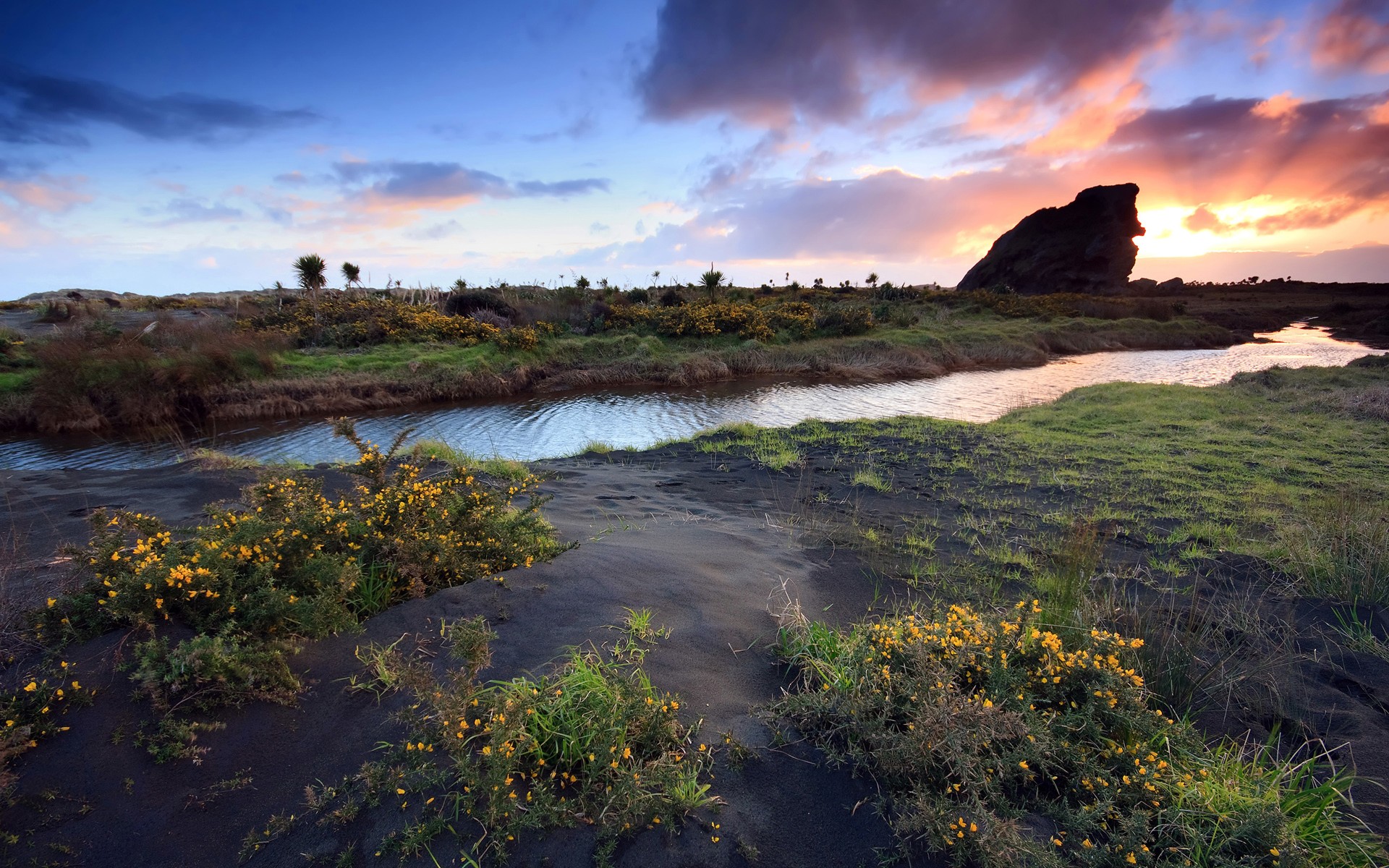 tramonto roccia erba fiume