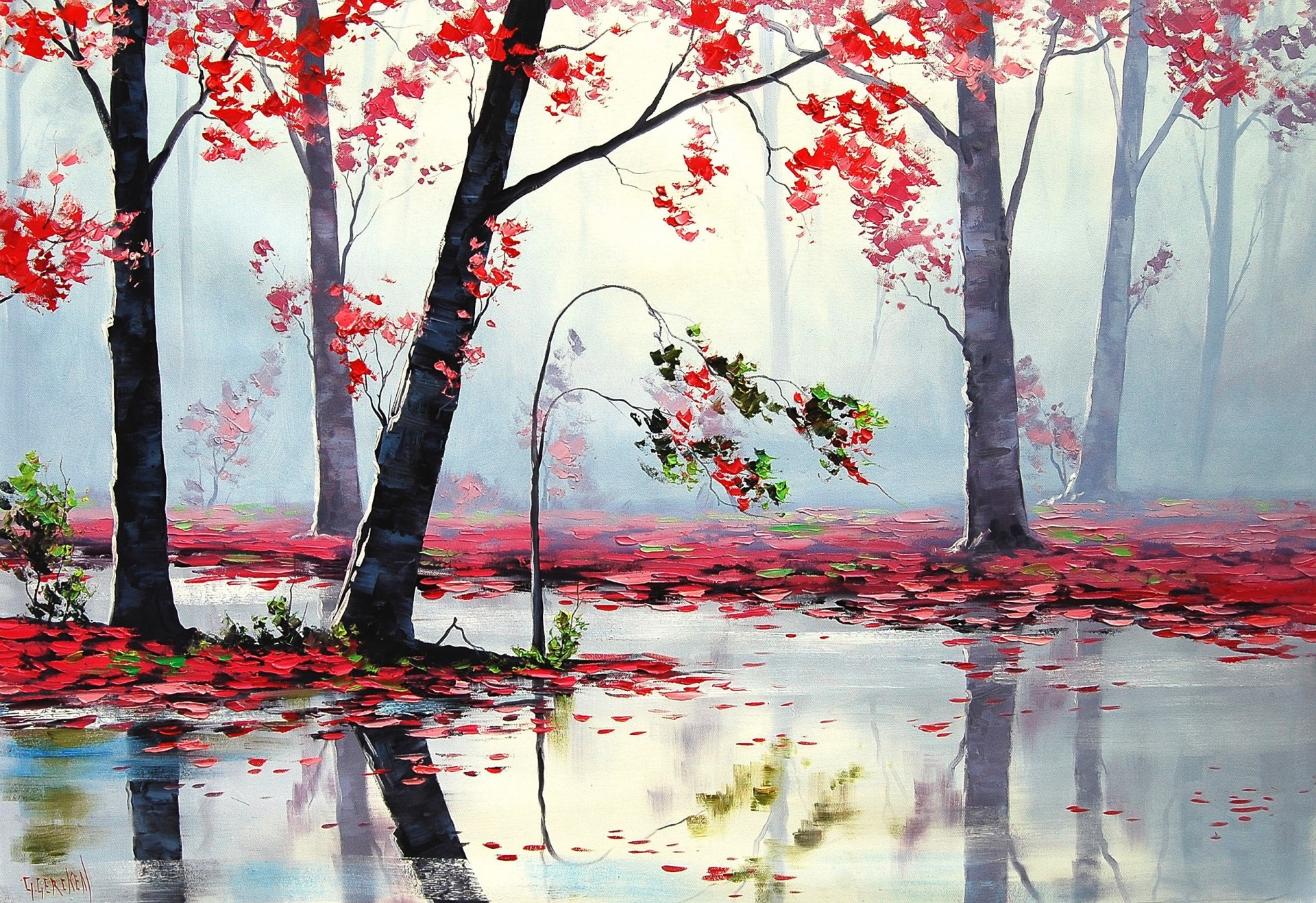 art autumn tree river red