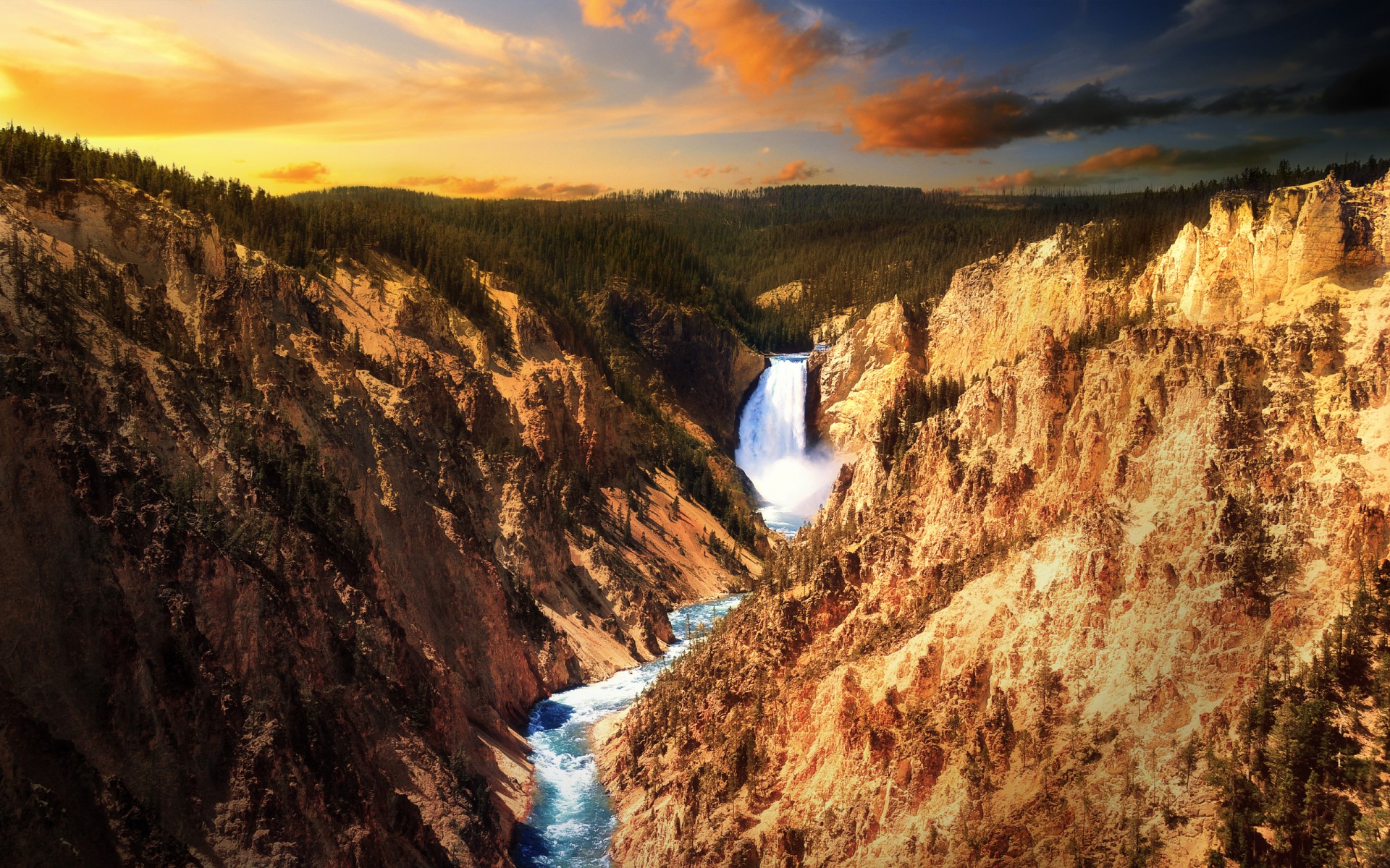 rock sunset waterfall river yellowstone