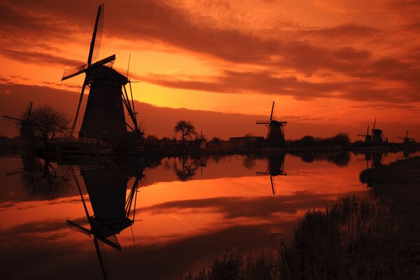 Windmills at sunset in the Netherlands