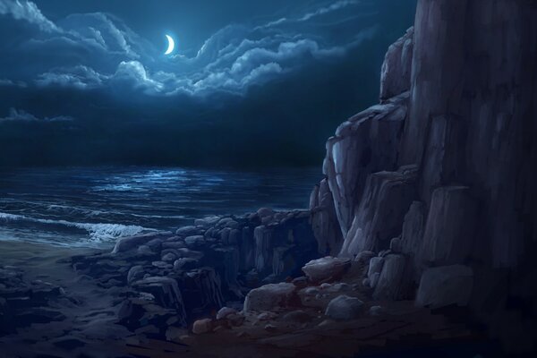 Sea and night rocks art