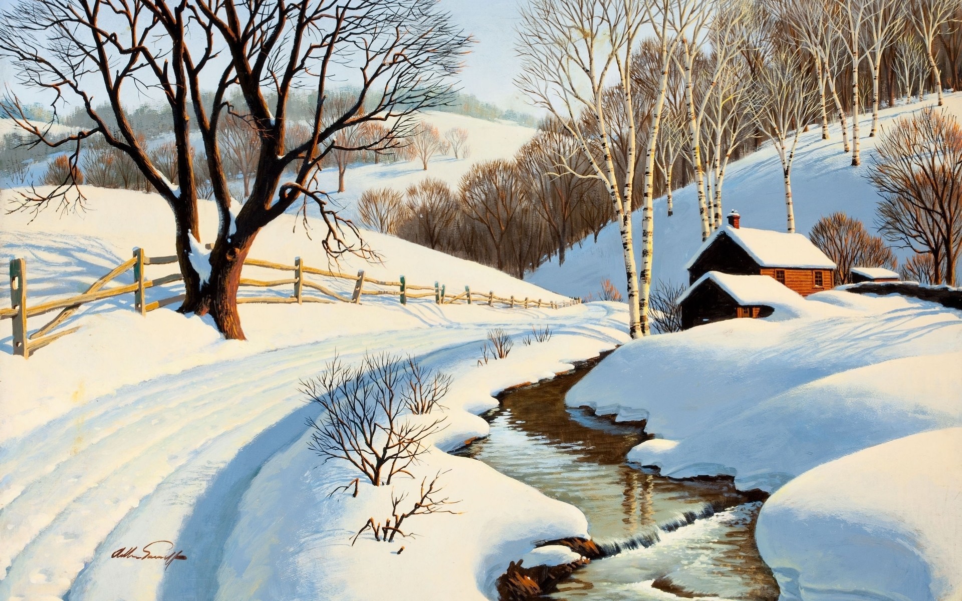 pintura sol nieve invierno primavera paisaje