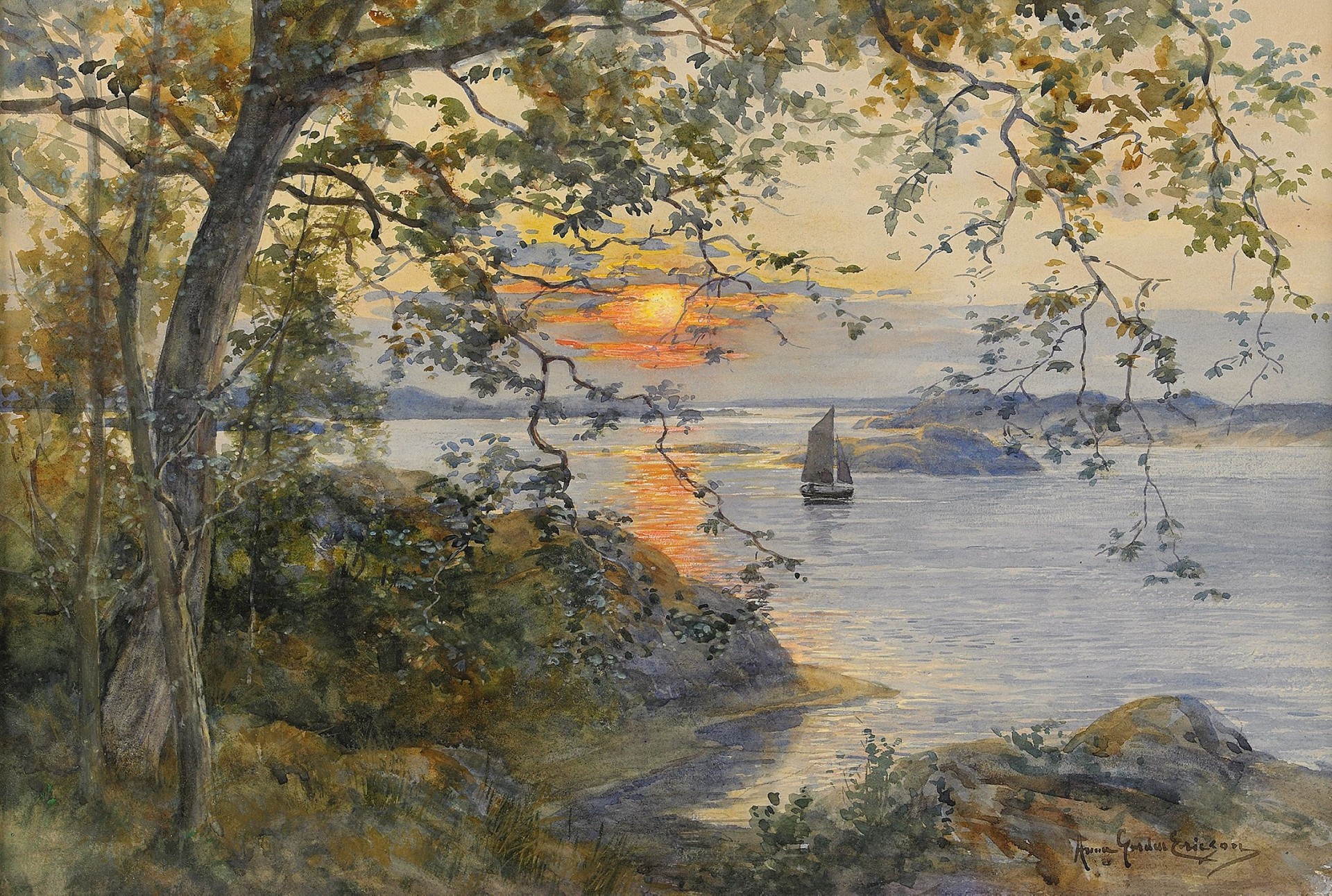 anna gardell-erickson paysage côtier avec voilier au coucher du soleil soirée