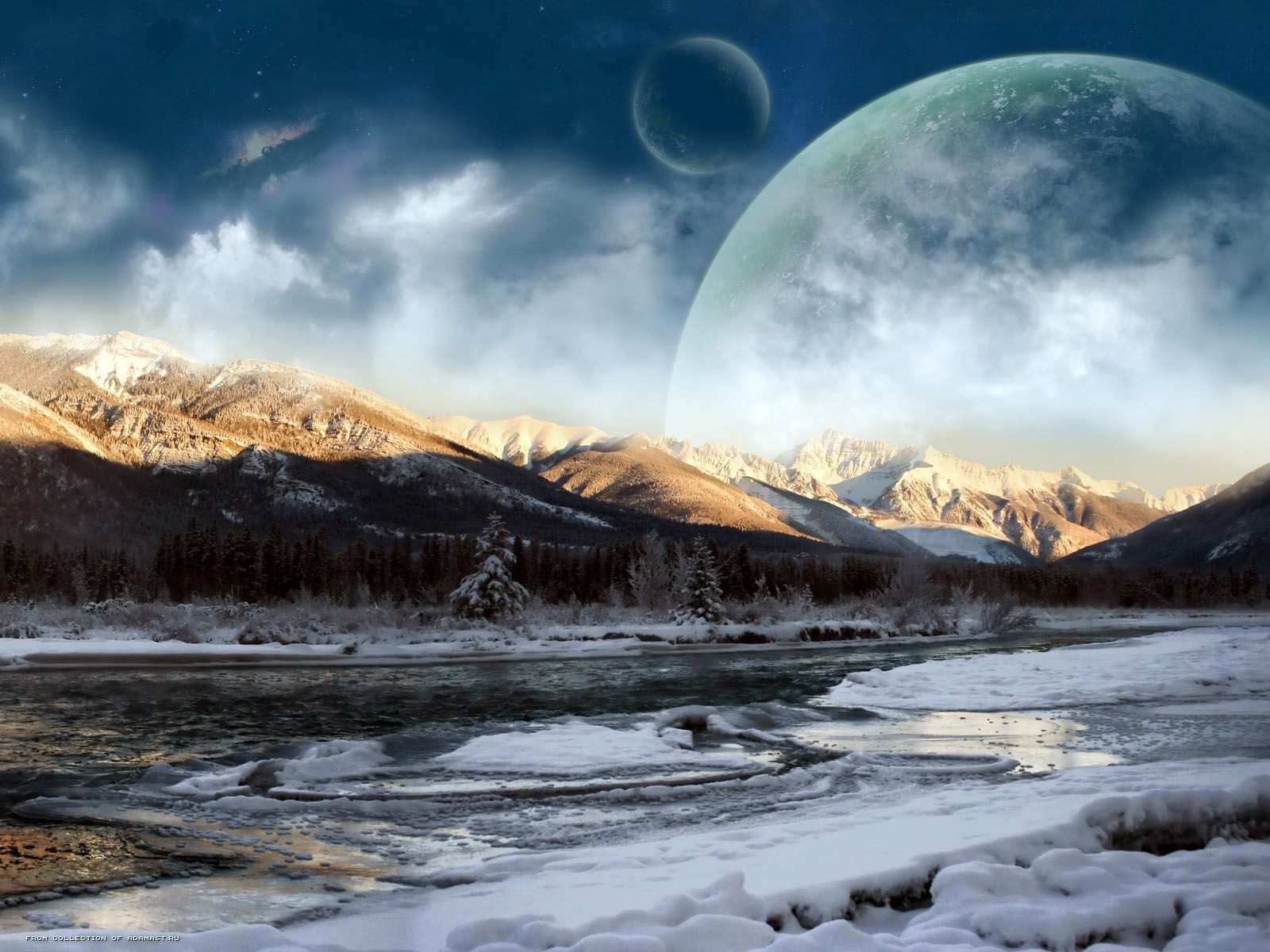 fluss winter berge planet wolken