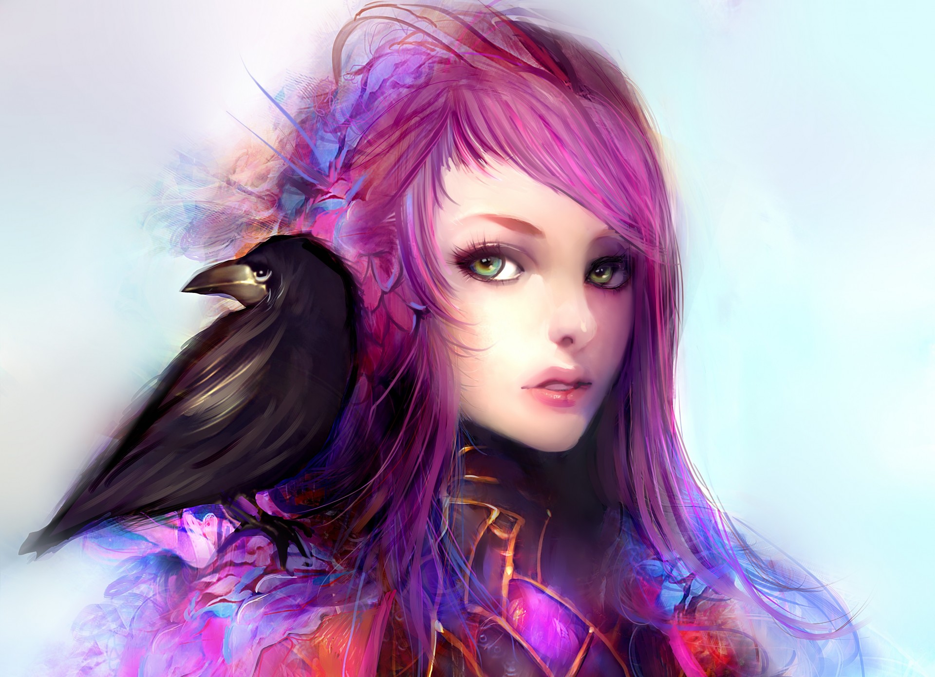 art face girl hair birds background views beak raven