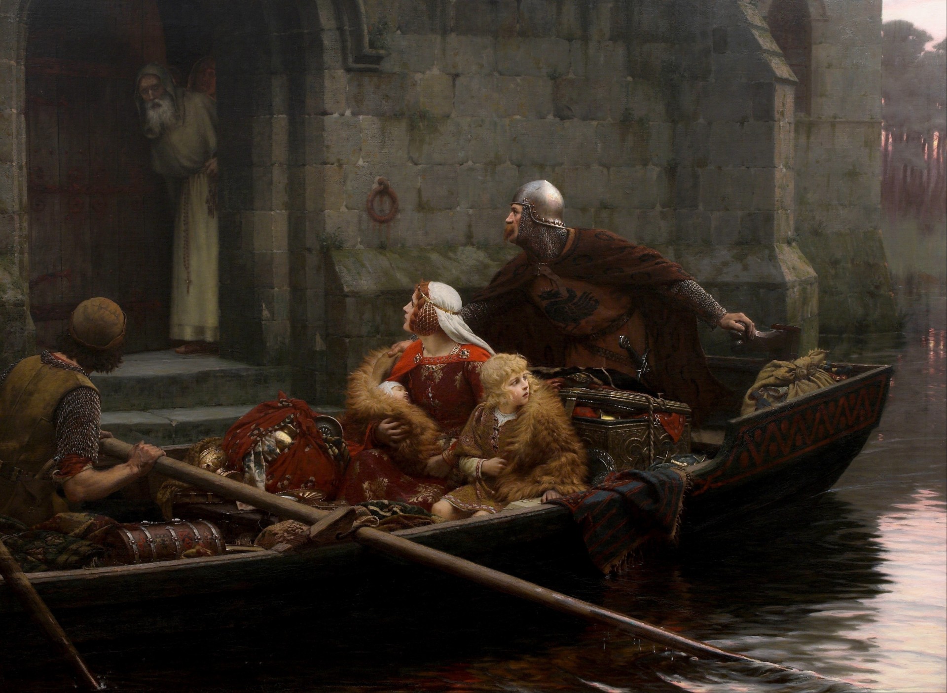 woman boy painting middle ages edmund blair leighton english artist child old man romanticism pre-raphaelite pre-raphaelite in dangerous times river castle boat knight lock romance