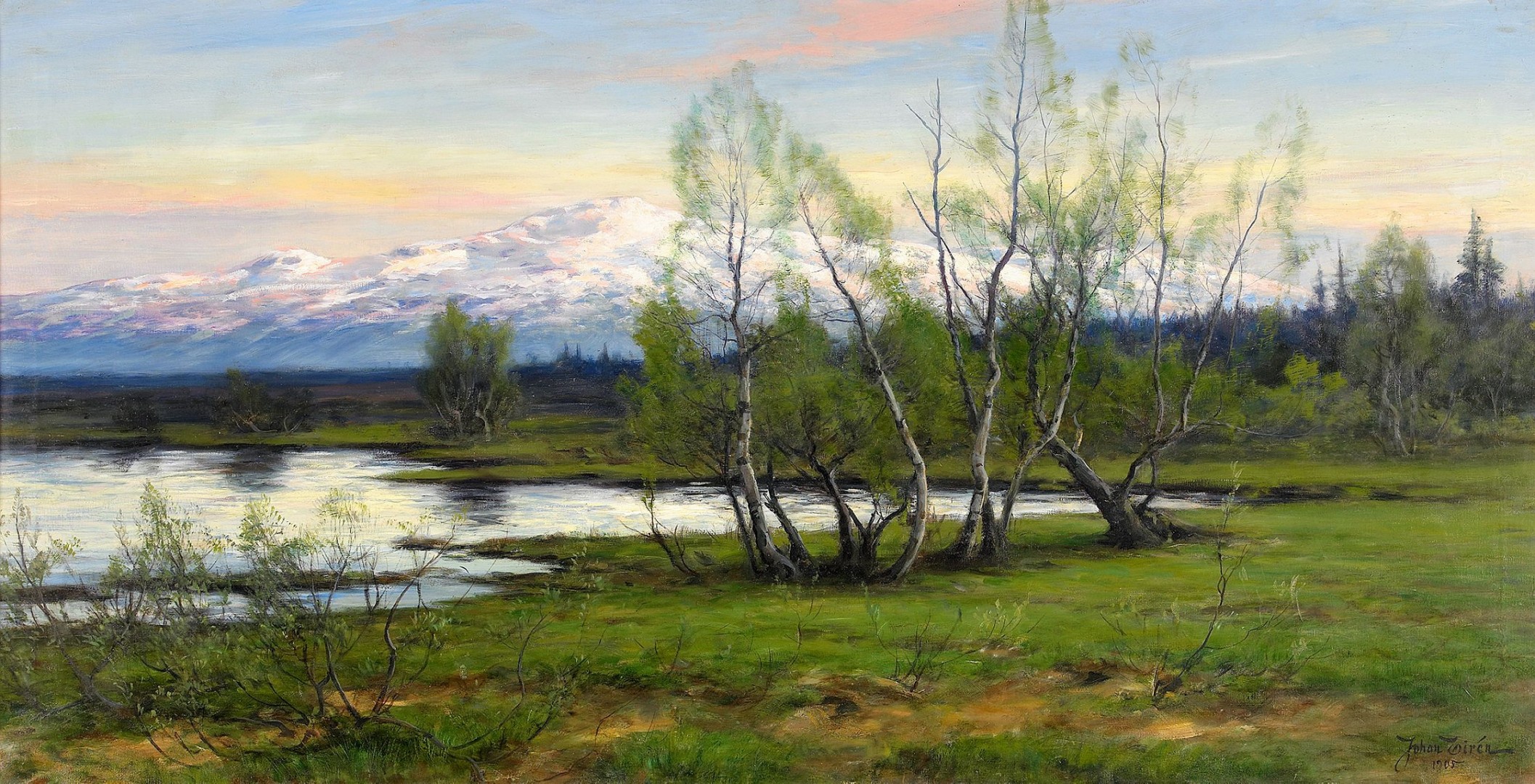 johan tiren montañas y abedules en el estanque naturaleza pintura