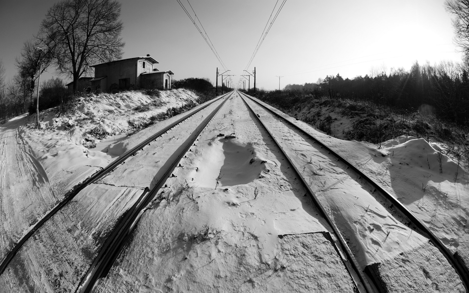 black and white perspective snow winter railroad