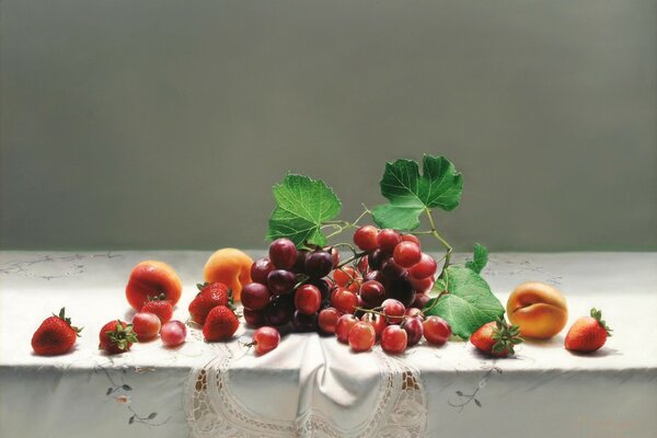 Still life painting of berries, fruits