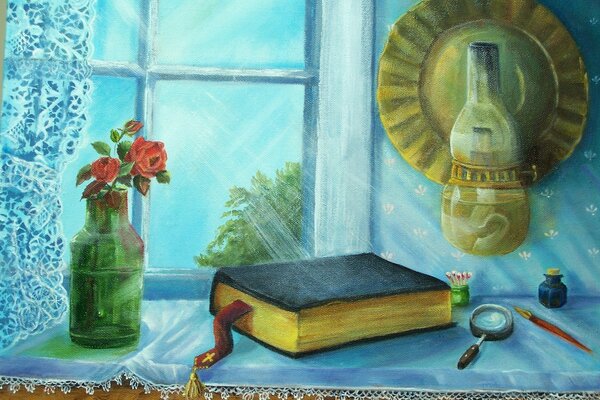 A picture with a bible on the table and flowers in a jar