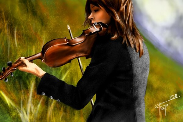 A girl with a violin in nature