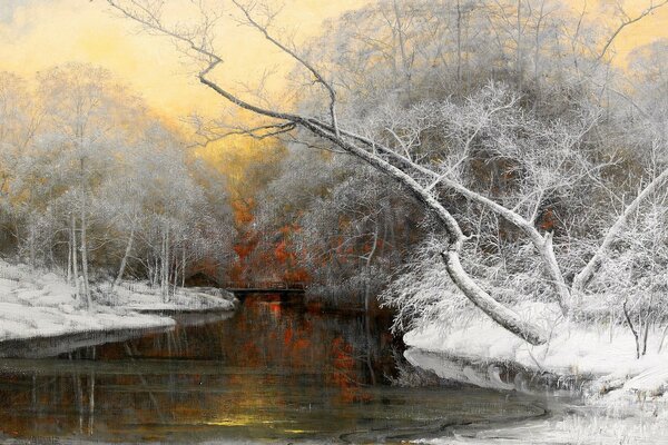 An unfrozen river in the middle of a winter forest, trees in the snow