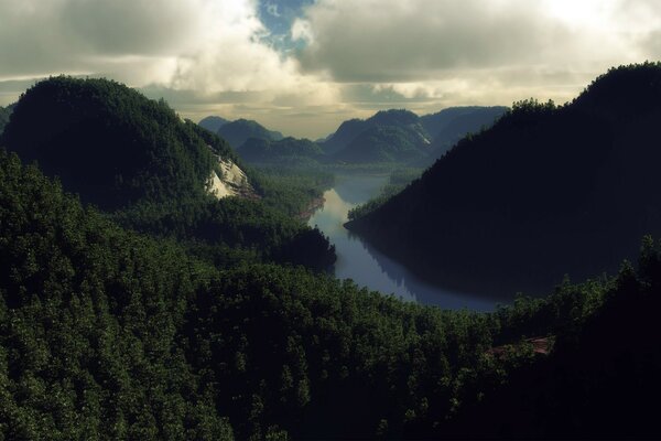 Bosque y río en mal tiempo