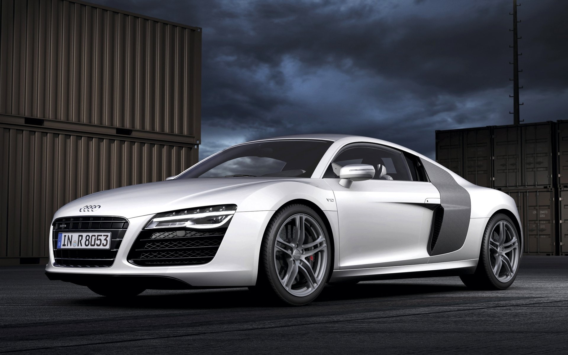 audi r8 v10 audi r8 v10 supercar argento anteriore contenitori di notte cielo sfondo