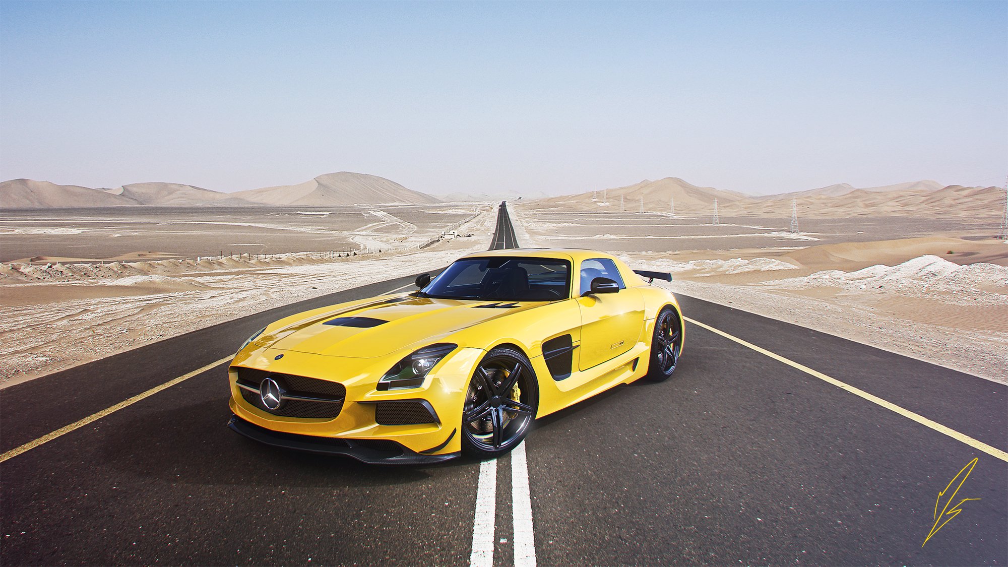 mercedes-benz amg sls black edition supercar yellow road desert sky