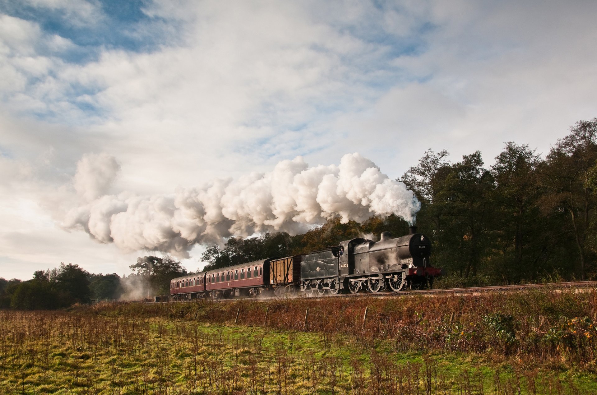 tren locomotora de vapor humo vagones naturaleza