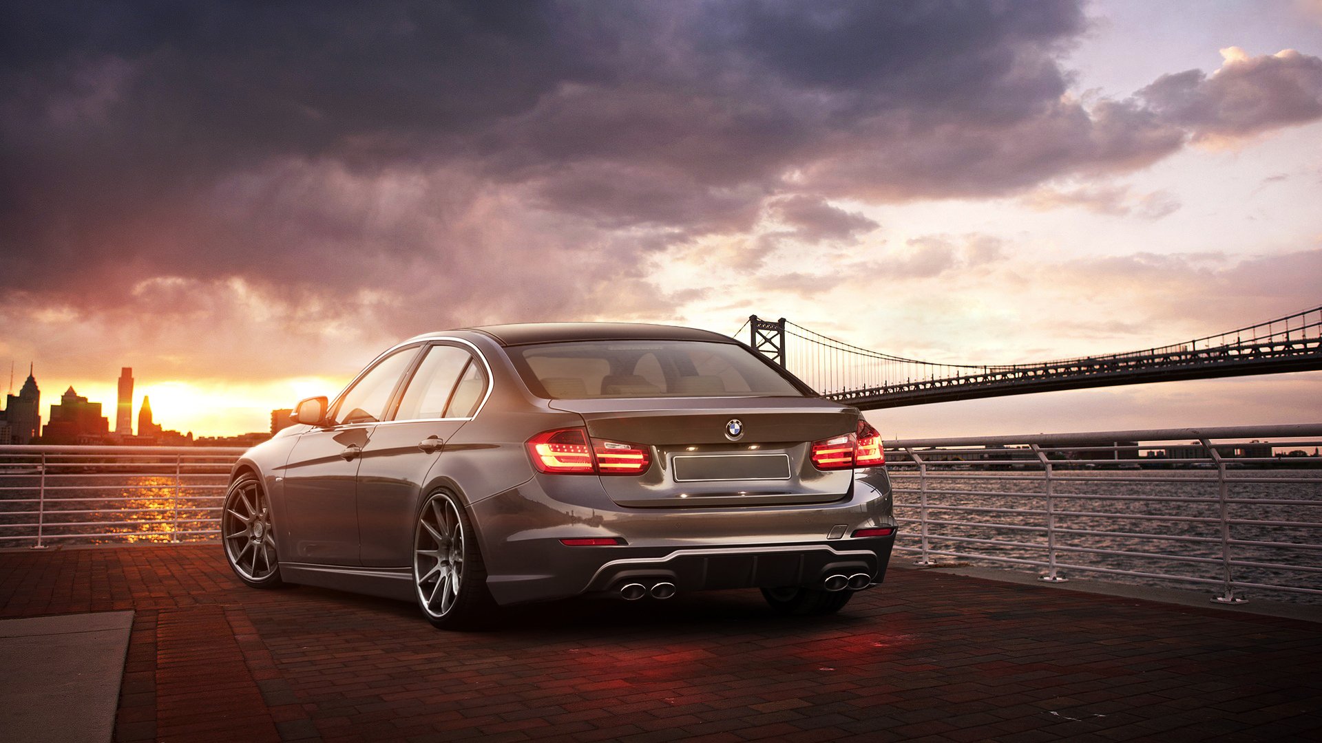 bmw 3er 335i hinten brücke sonnenuntergang