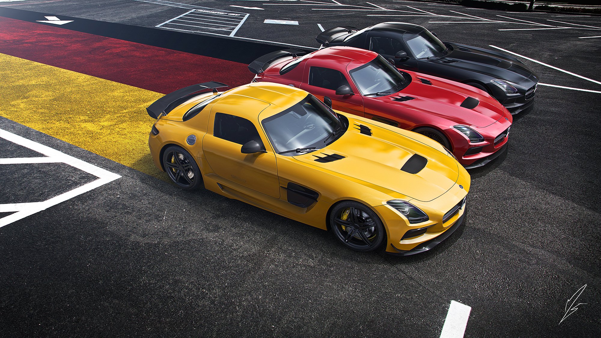 mercedes-benz sls amg black edition supersportwagen gelb rot schwarz deutsch flagge breitbild asphalt