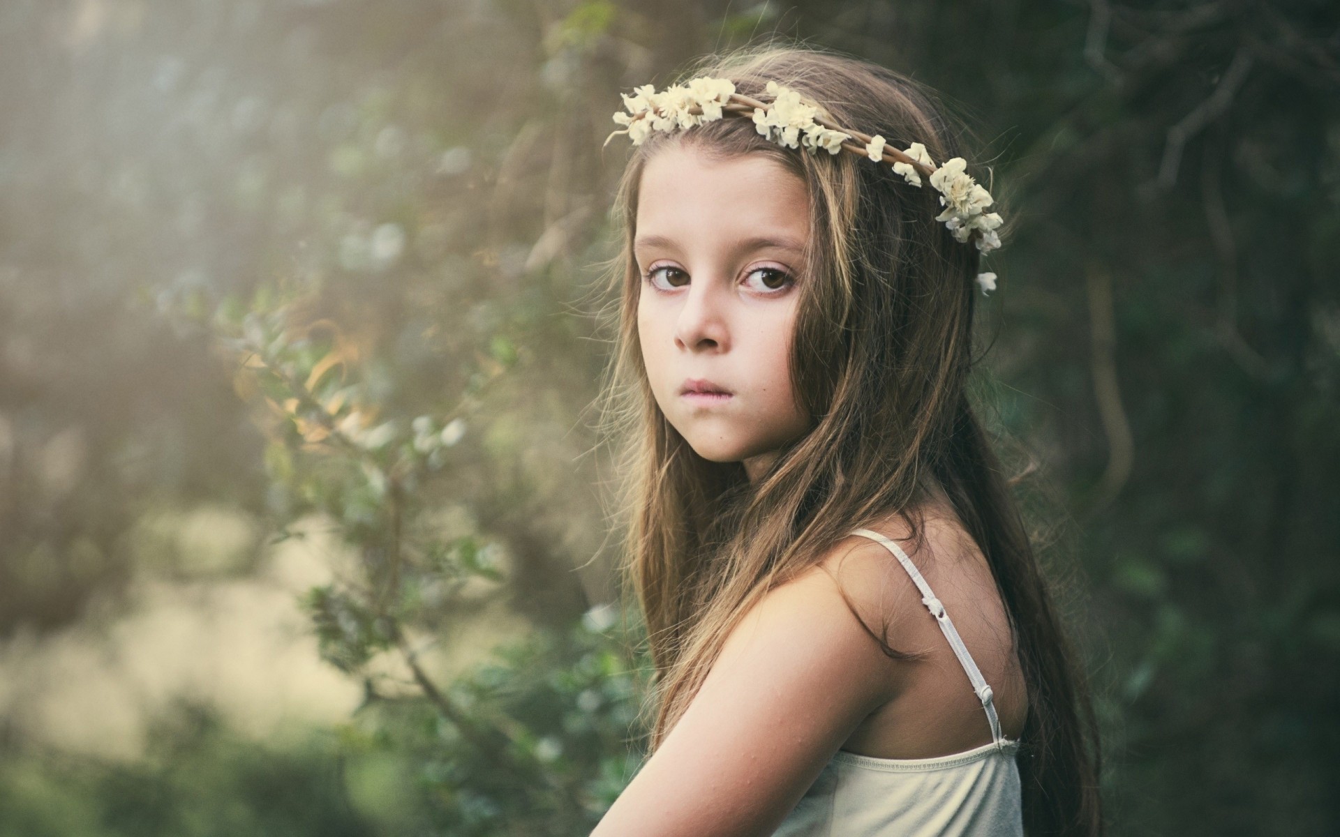 girl views flower mood crown child sadne