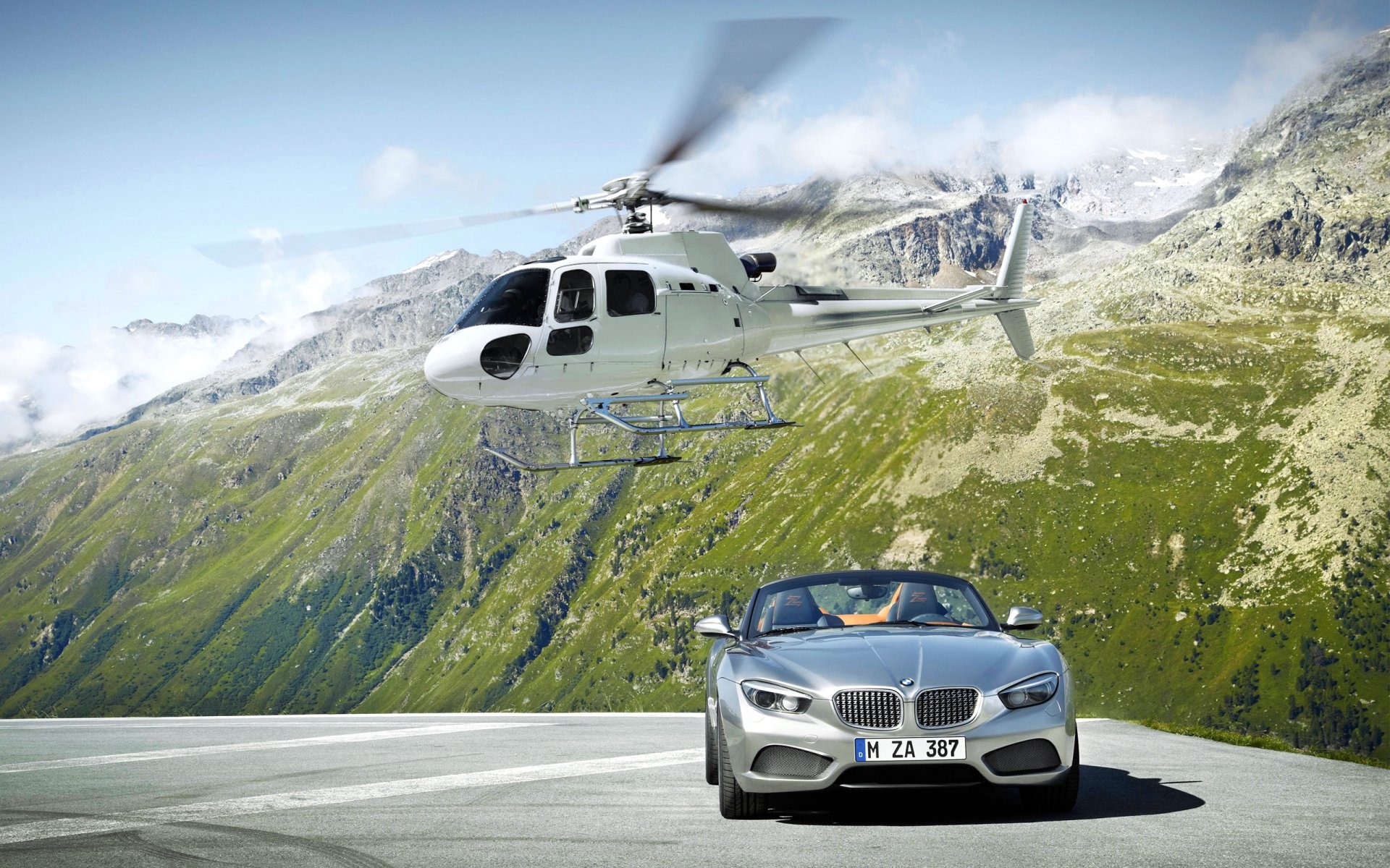 bmw zagato bmw helicóptero convertible gris frente blanco montañas rocas