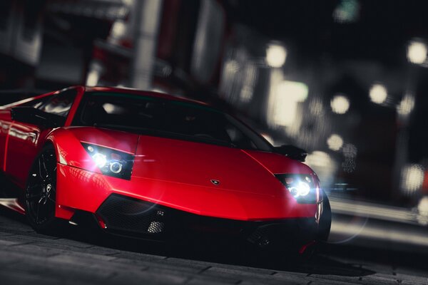 Red luxury Lamborghini in the dark