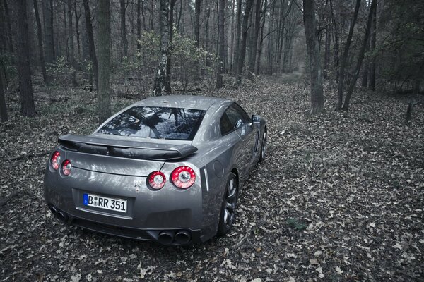 A gray nissan gt-r car stands in the woods