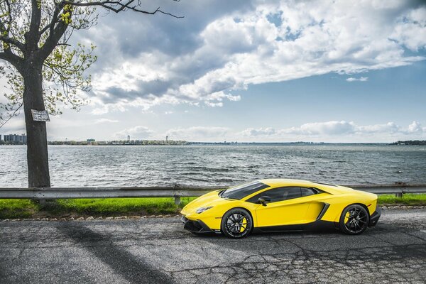 Yellow lamborghini. the road to the sea