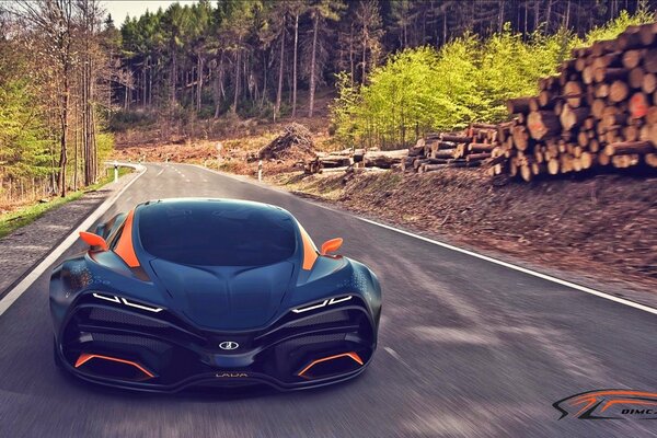 Voiture de sport sur la route dans la forêt