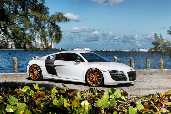 Audi r8. Audi blanco en el frente del mar