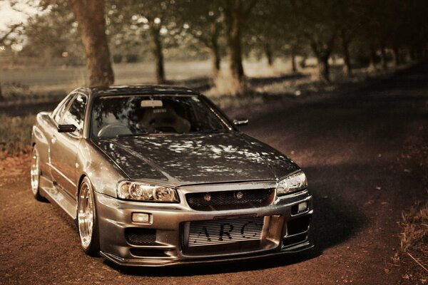 A tuned car on the background of a forest belt