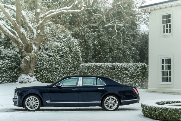 Dunkelblau Bentley auf dem Hintergrund der schneebedeckten Bäume