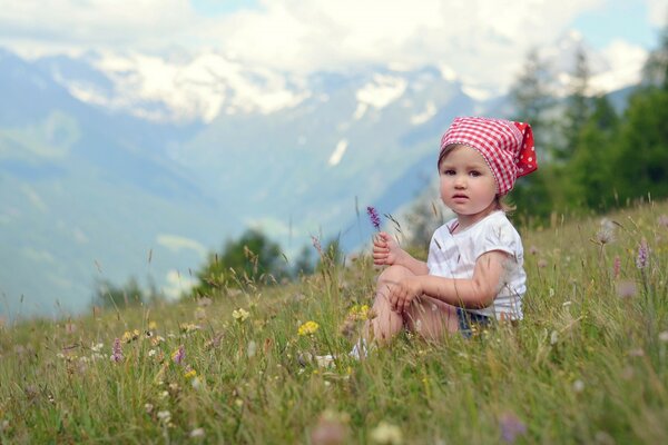 A little girl is sitting in a field among flowers