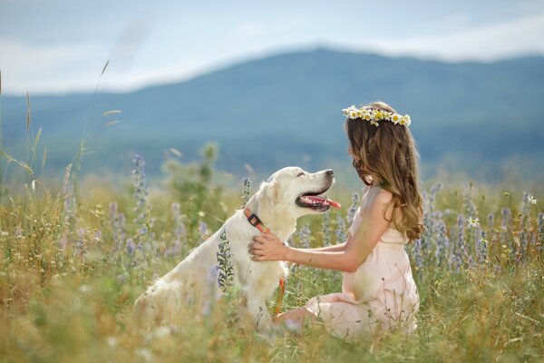 A girl in the field playing with a dog