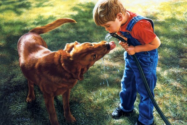 A boy and a dog drink water from a hose