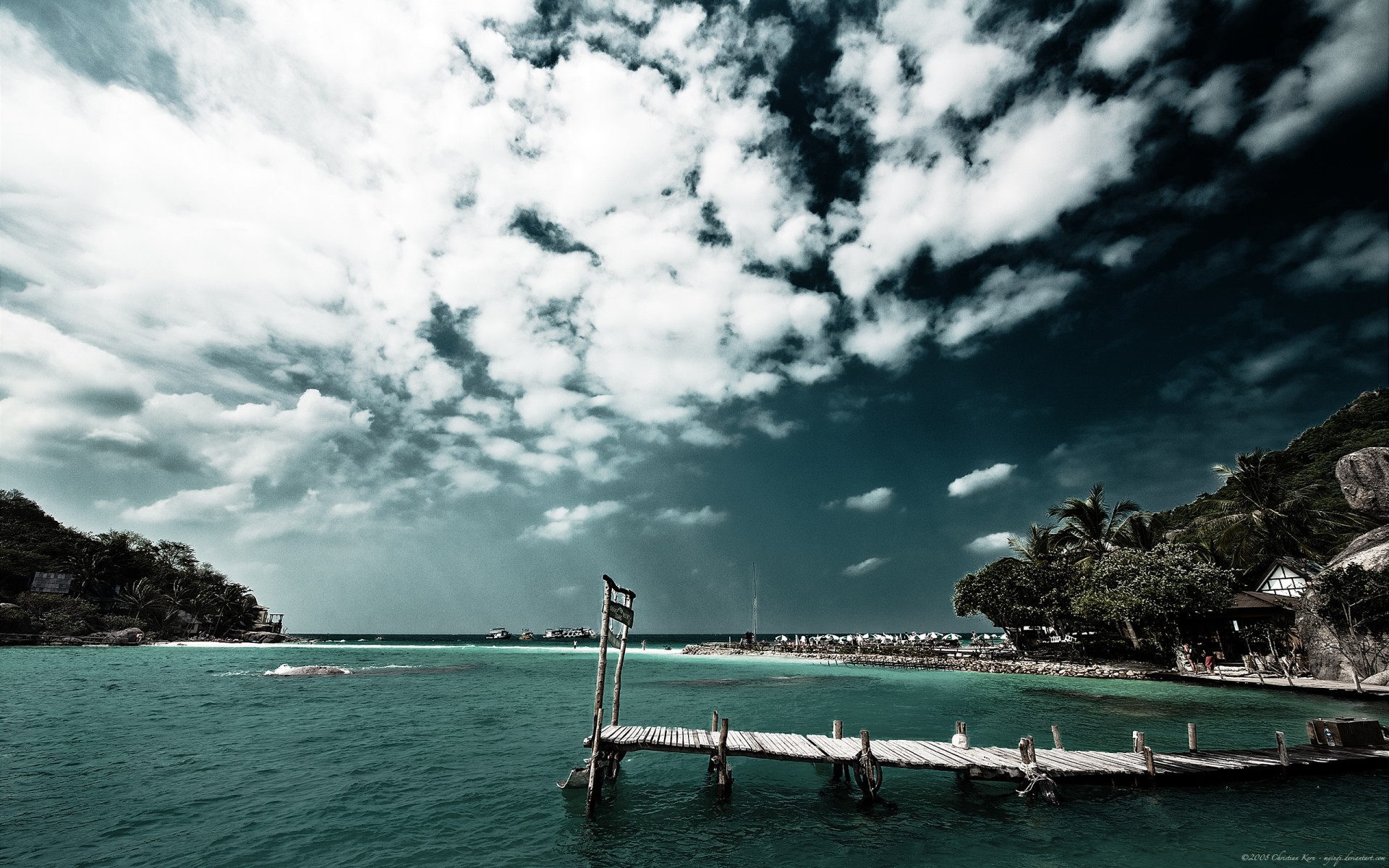 mar puente cielo nubes playa