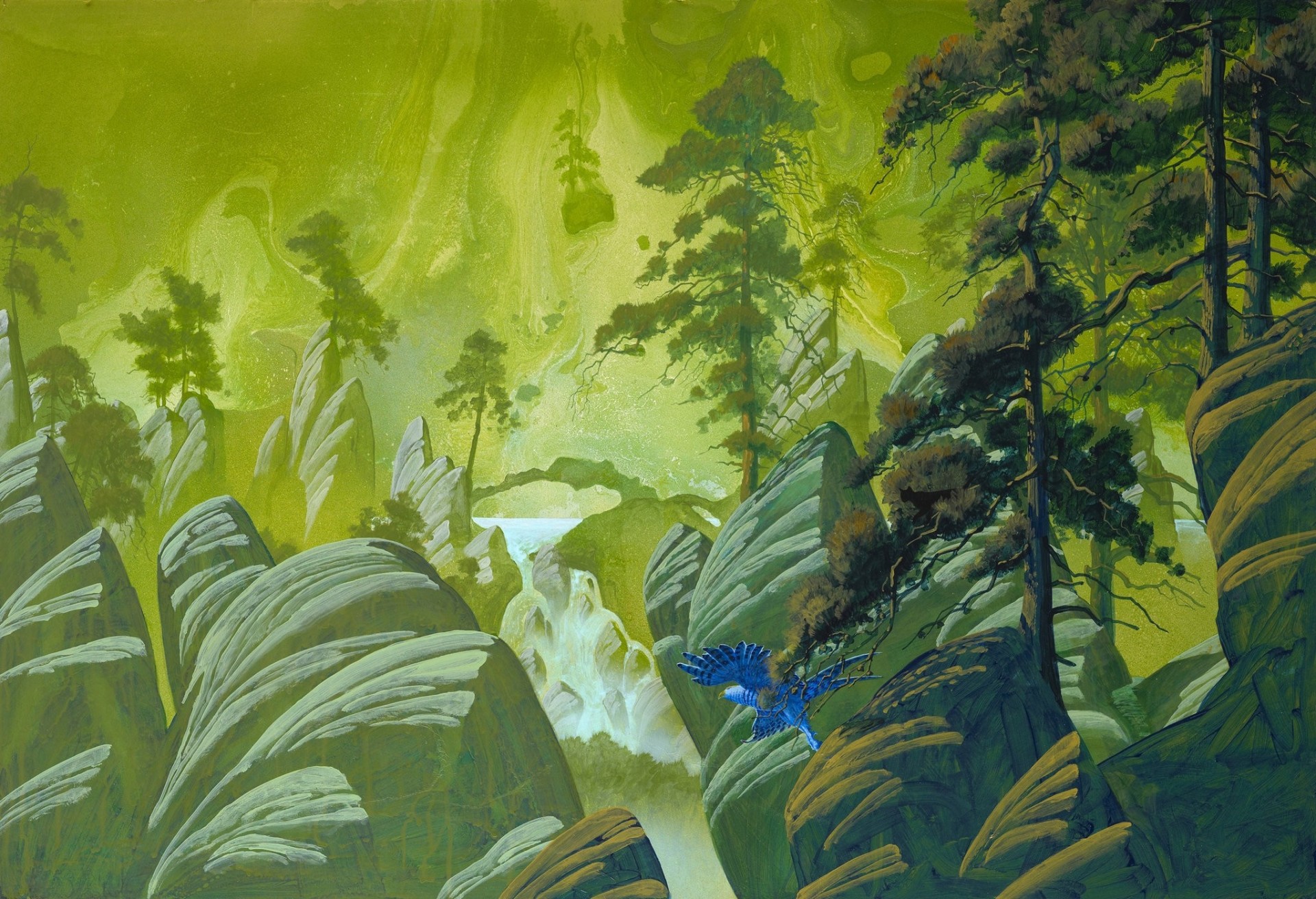 rocas arte cascada pinos pájaros árboles roger dean ficción rocas