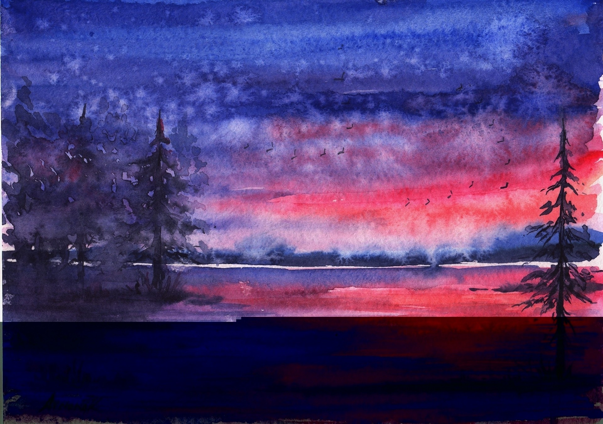 palmiers paysage dessiné coucher de soleil forêt nuit rivière aquarelle oiseaux