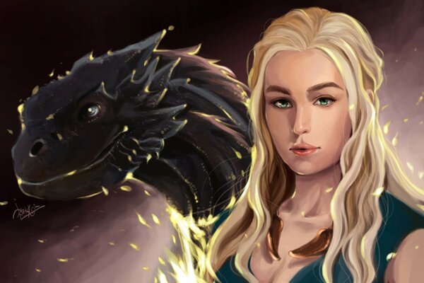 Dragon and blonde girl with green eyes