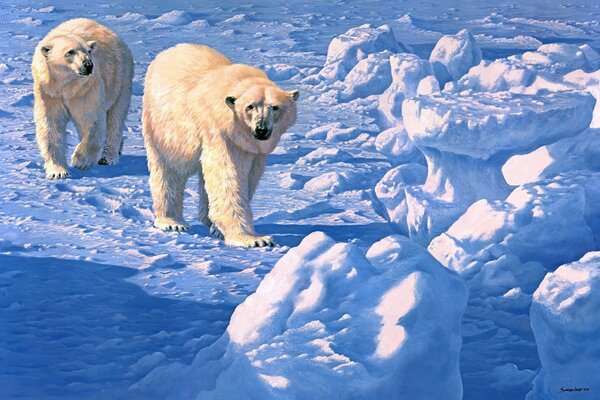 A pair of polar bears walking in the snow