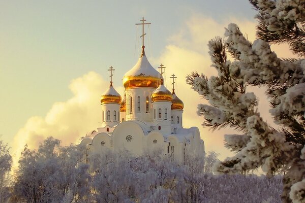 A temple in the snow in winter