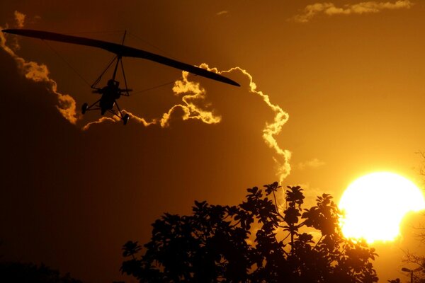 Silhouette eines Flugzeugs unter der goldenen Sonne