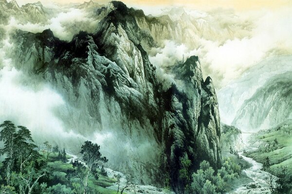 Watercolor drawing of the green mountains of Asia