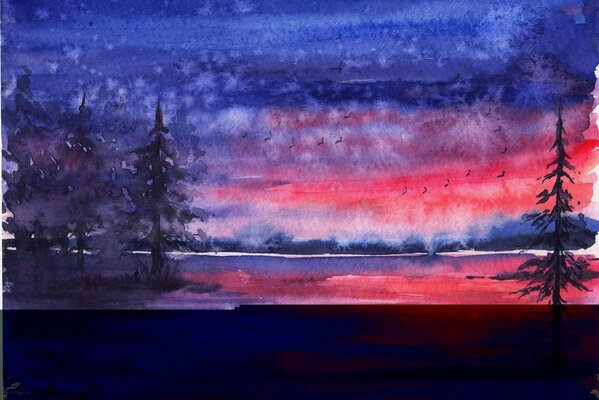 Beautiful sunset, on a landscape painted with watercolor