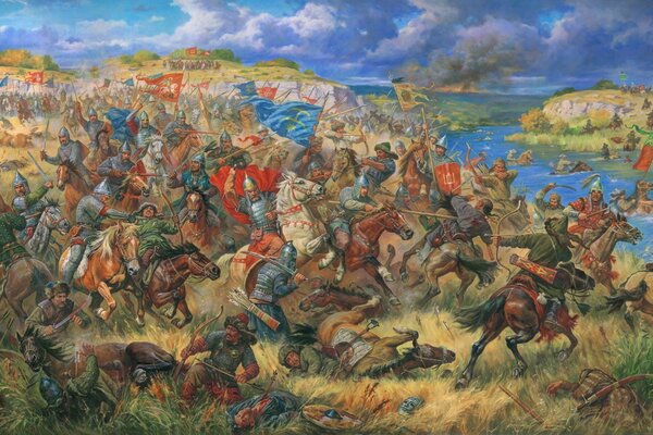 A painting depicting a battle on the river